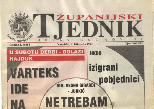 Zaglavlje prvog broja Županijskog tjednika, Varaždin, 9. listopada 1993.